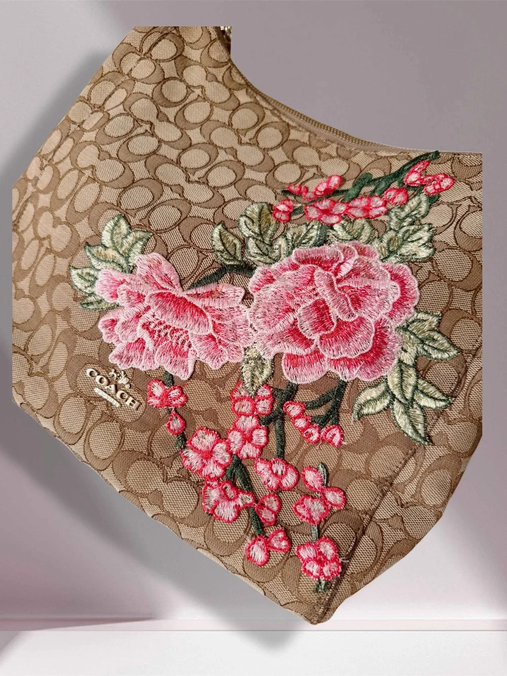 Custom Coach Signature Hobo with Pink Floral Appliqué